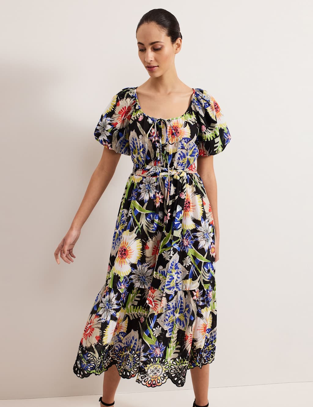 Pure Cotton Floral Midi Waisted Dress