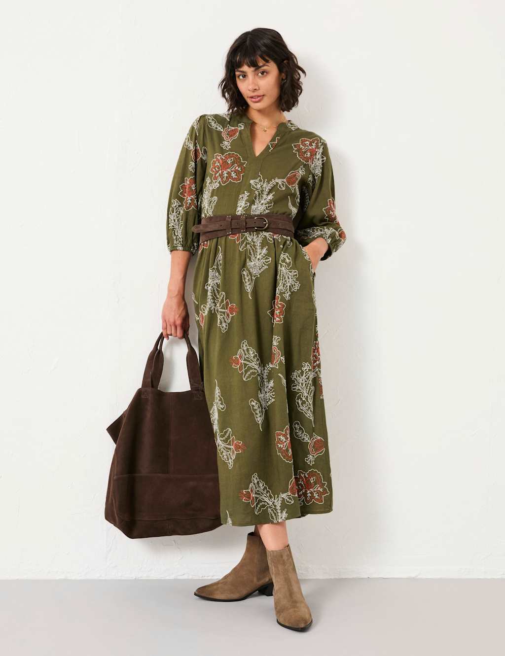 Fatface Women's Notch Neck Embroidered Waisted Midi Dress - 14PET - Green Mix, Green Mix