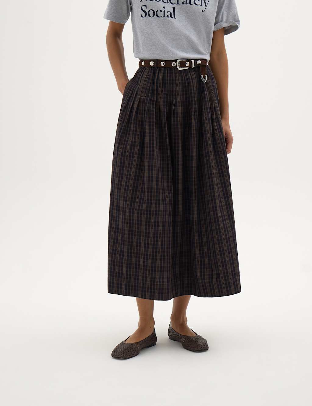 Hush Women's Pure Cotton Checked Midi A-Line Skirt - Large - Brown Mix - Available at M&S