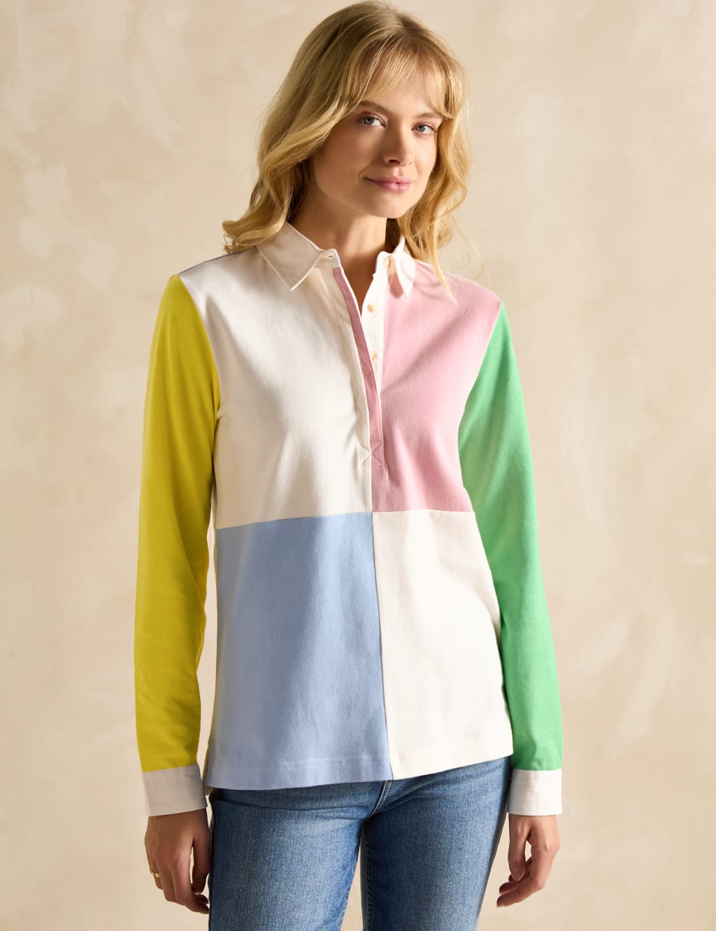 Pure Cotton Colour Block Collared Rugby Top