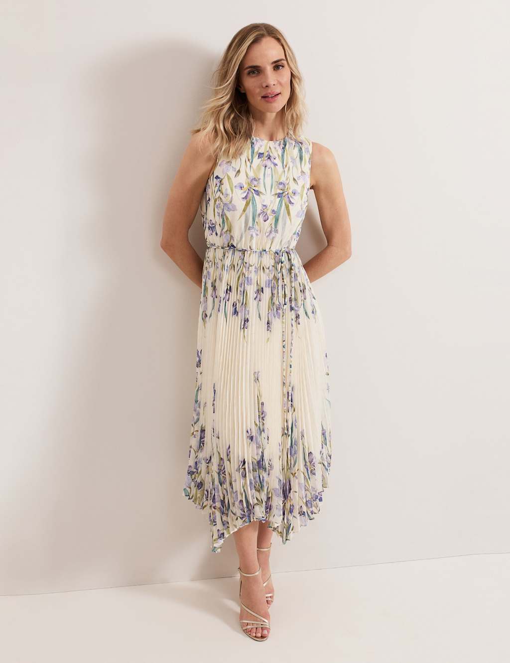 Floral Belted Pleated Midi Skater Dress
