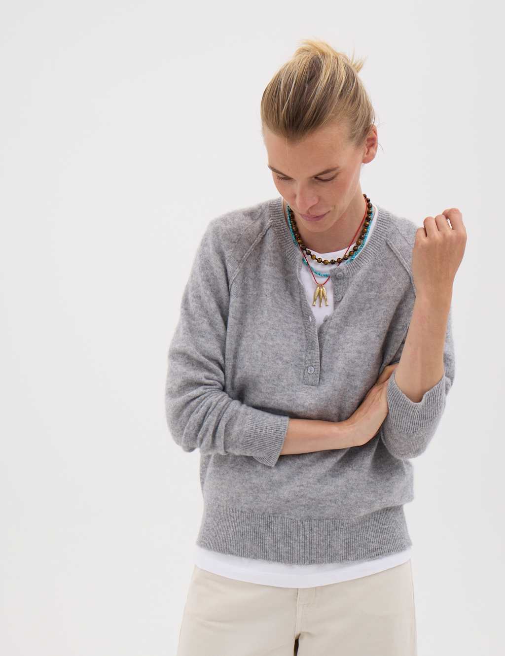 Hush Women's Pure Cashmere Henley Neck Jumper - Small-Medium - Grey Marl - Available at M&S
