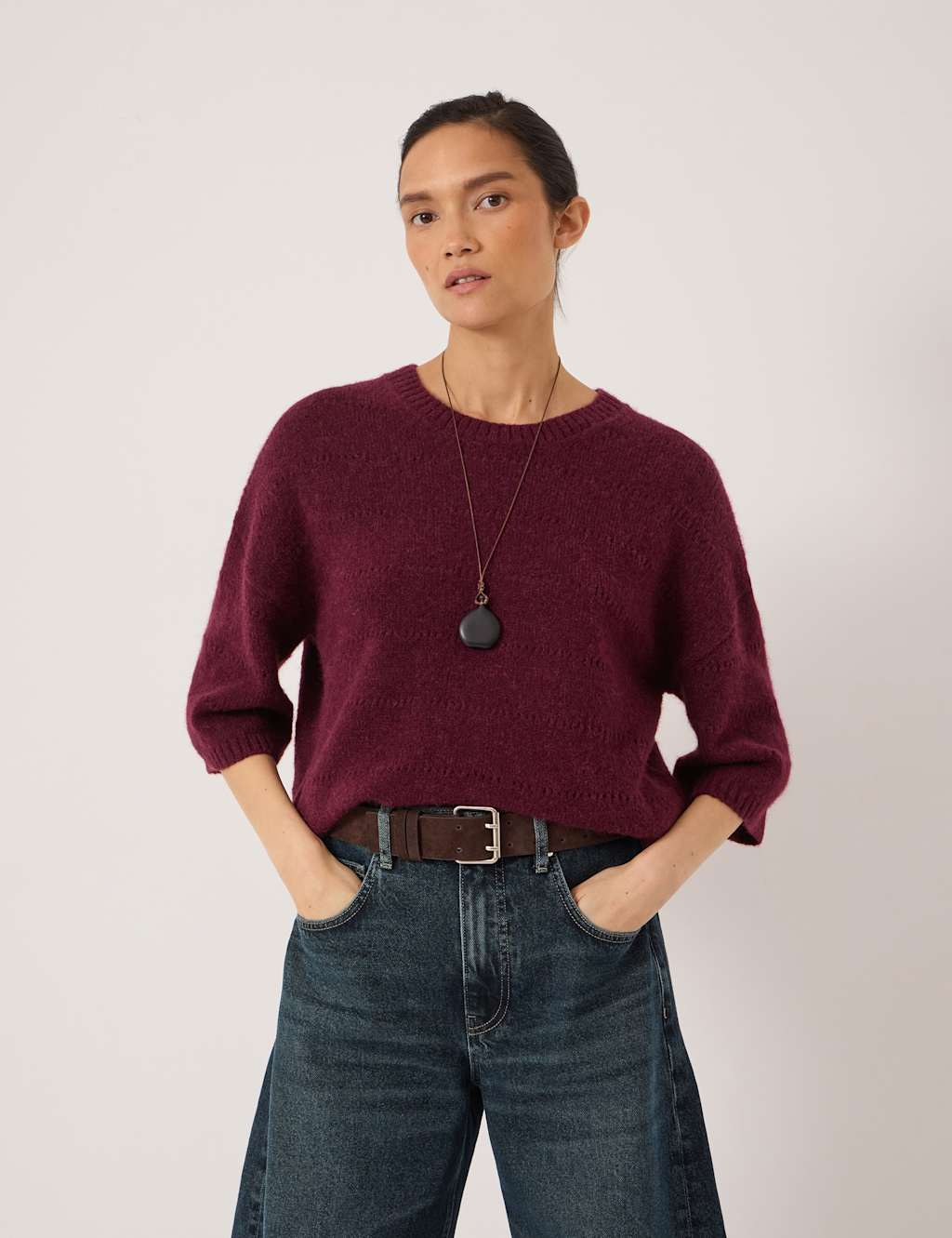 Hush Women's Alpaca Blend Pointelle Crew Neck Jumper - Large-Extra Large - Dark Burgundy - Available at M&S