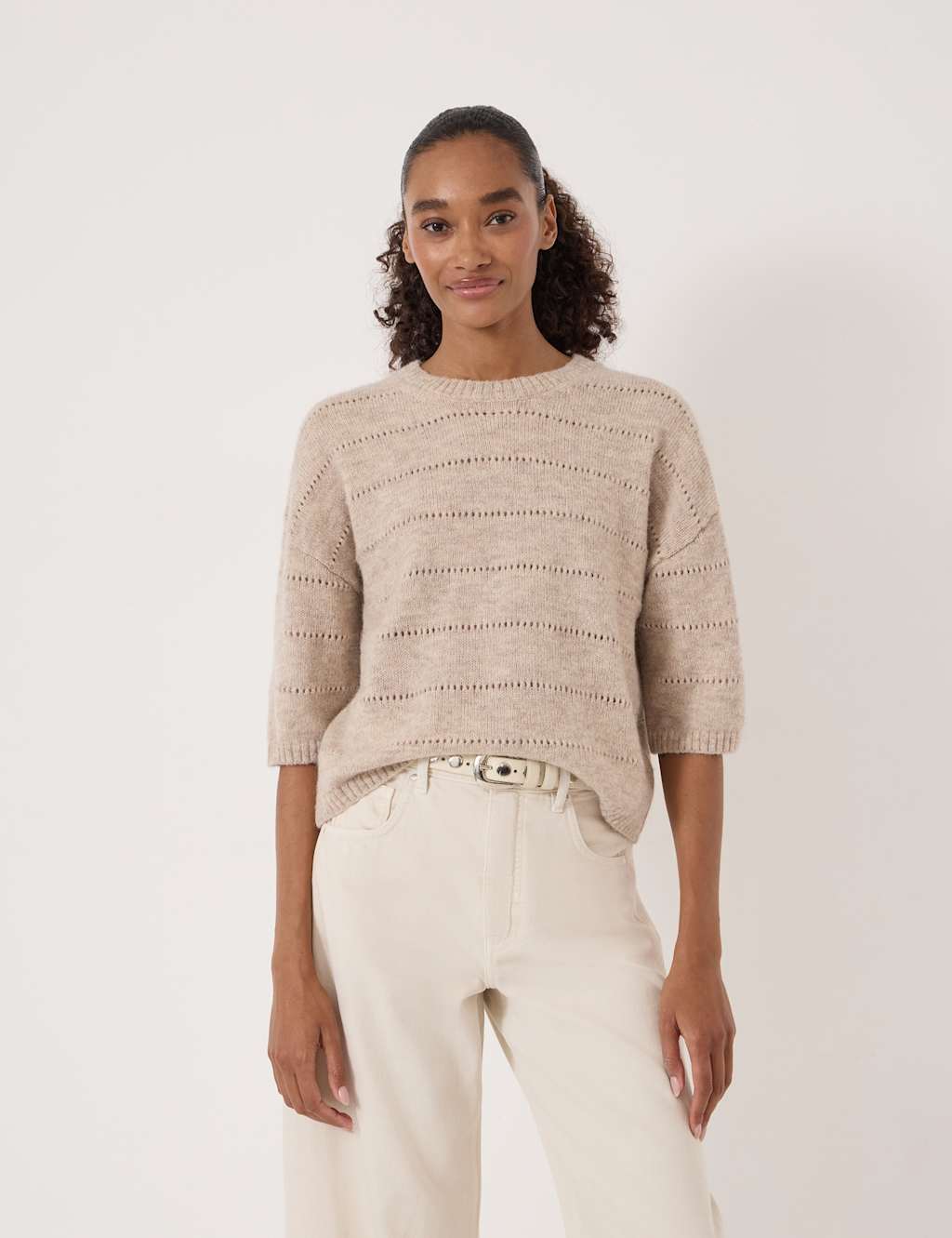 Hush Women's Alpaca Blend Pointelle Crew Neck Jumper - Medium-Large - Oatmeal - Available at M&S