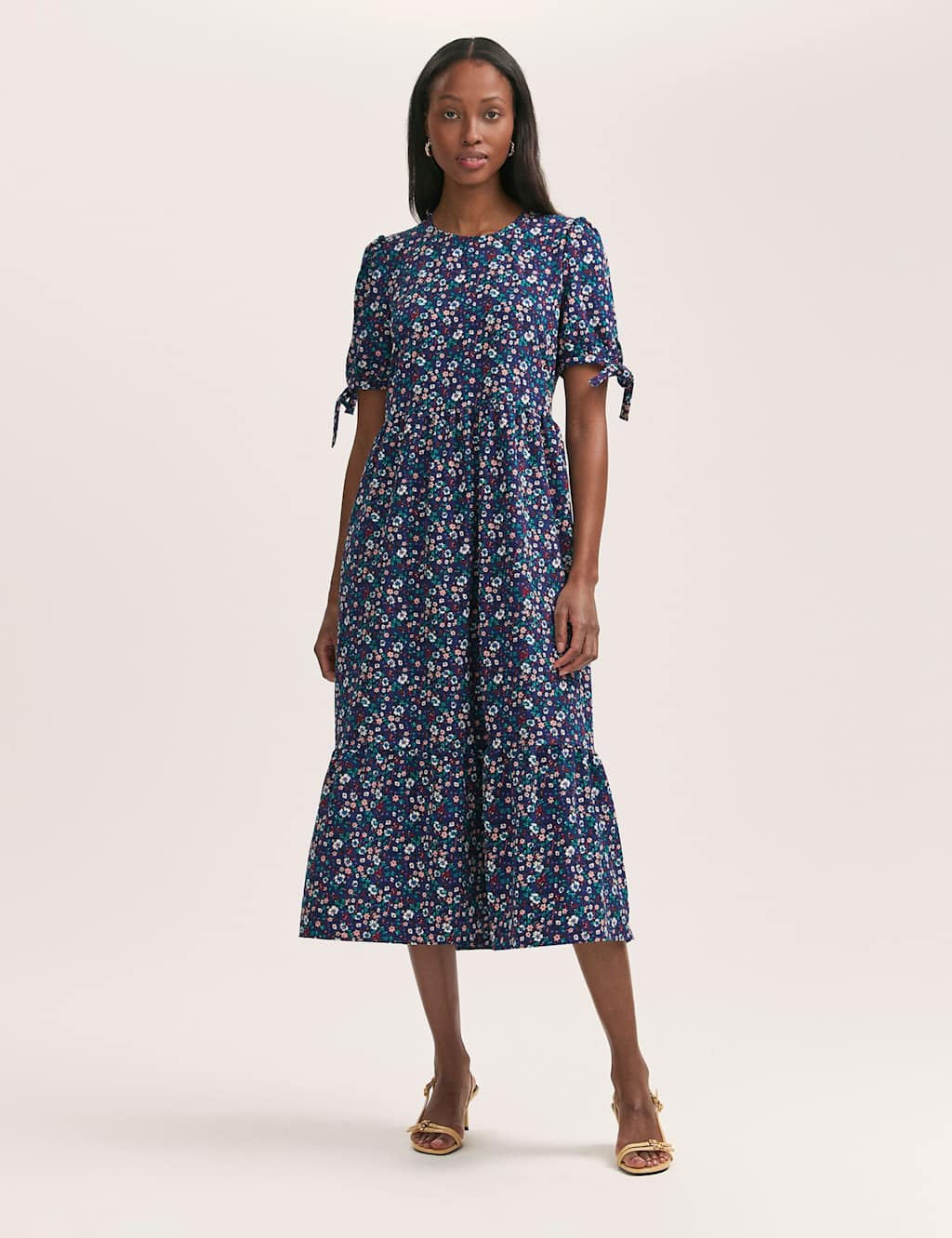 Crepe Floral Puff Sleeve Midi Tea Dress