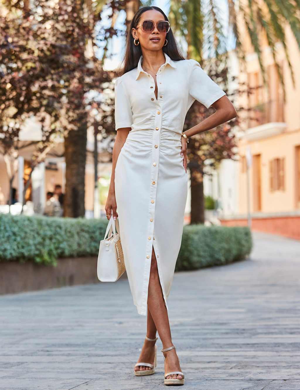 Denim Collared Ruched Midaxi Bodycon Dress