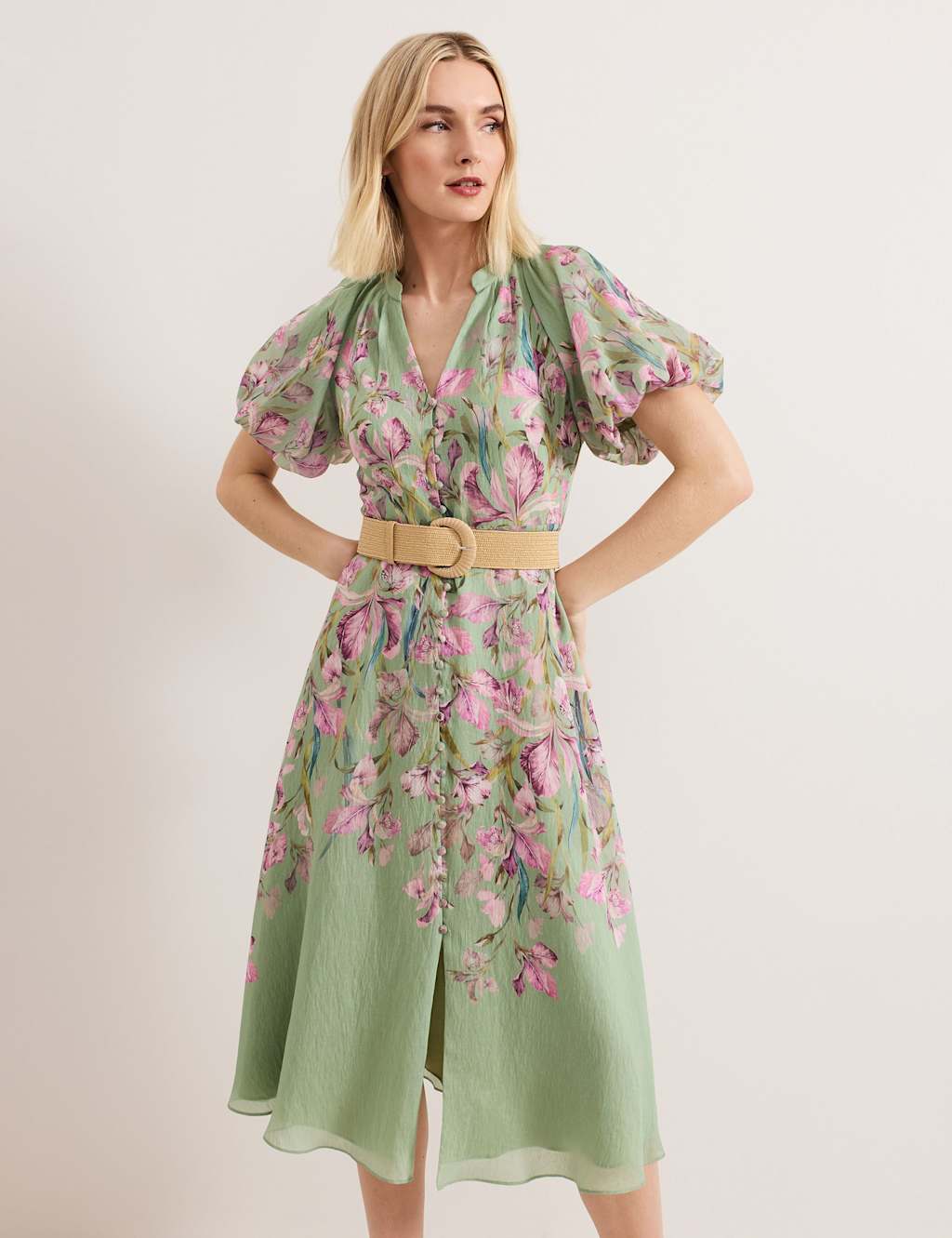 Floral V-Neck Midi Waisted Dress