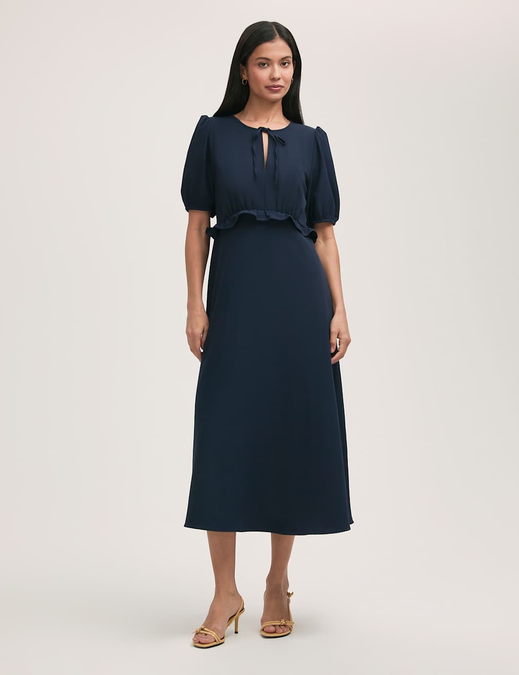 Crepe Tie Neck Frill Detail Midi Tea Dress