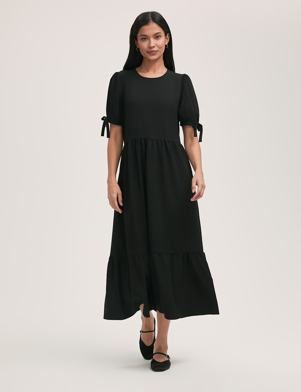 Crepe Round Neck Tie Sleeve Midi Tea Dress