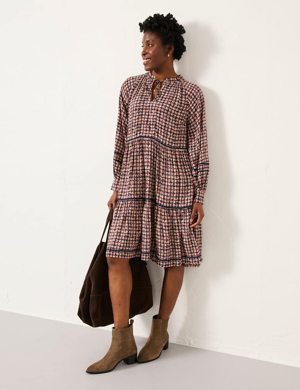 FatFace Geometric Print Tie Neck Tiered Smock Dress Multi