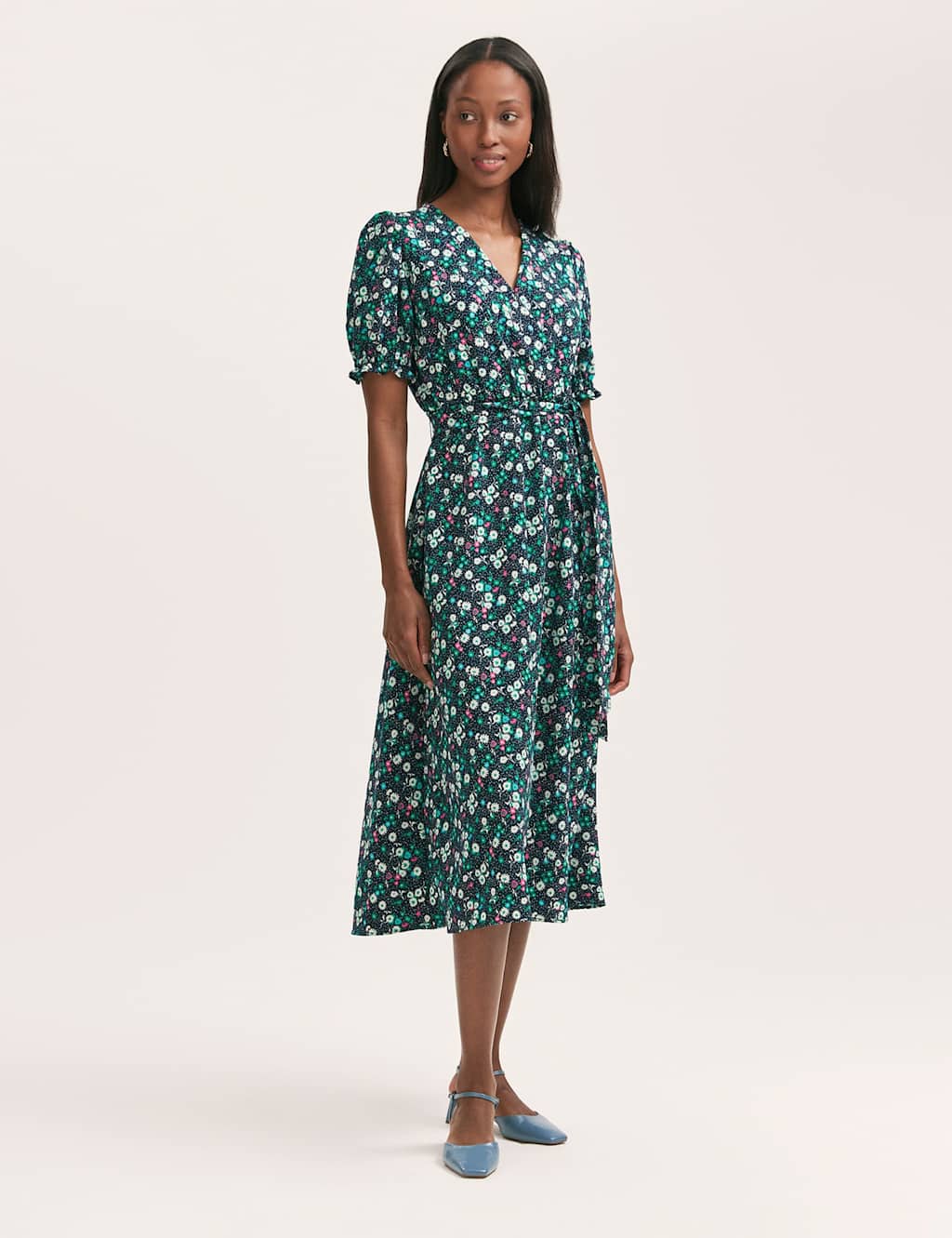 Crepe Floral V-Neck Belted Midi Tea Dress