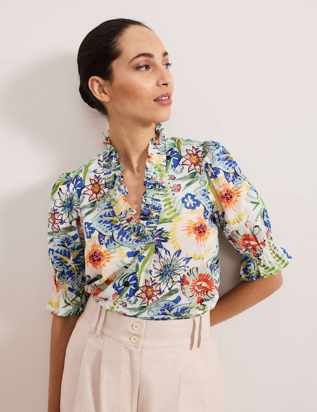 Pure Cotton Floral V-Neck Blouse