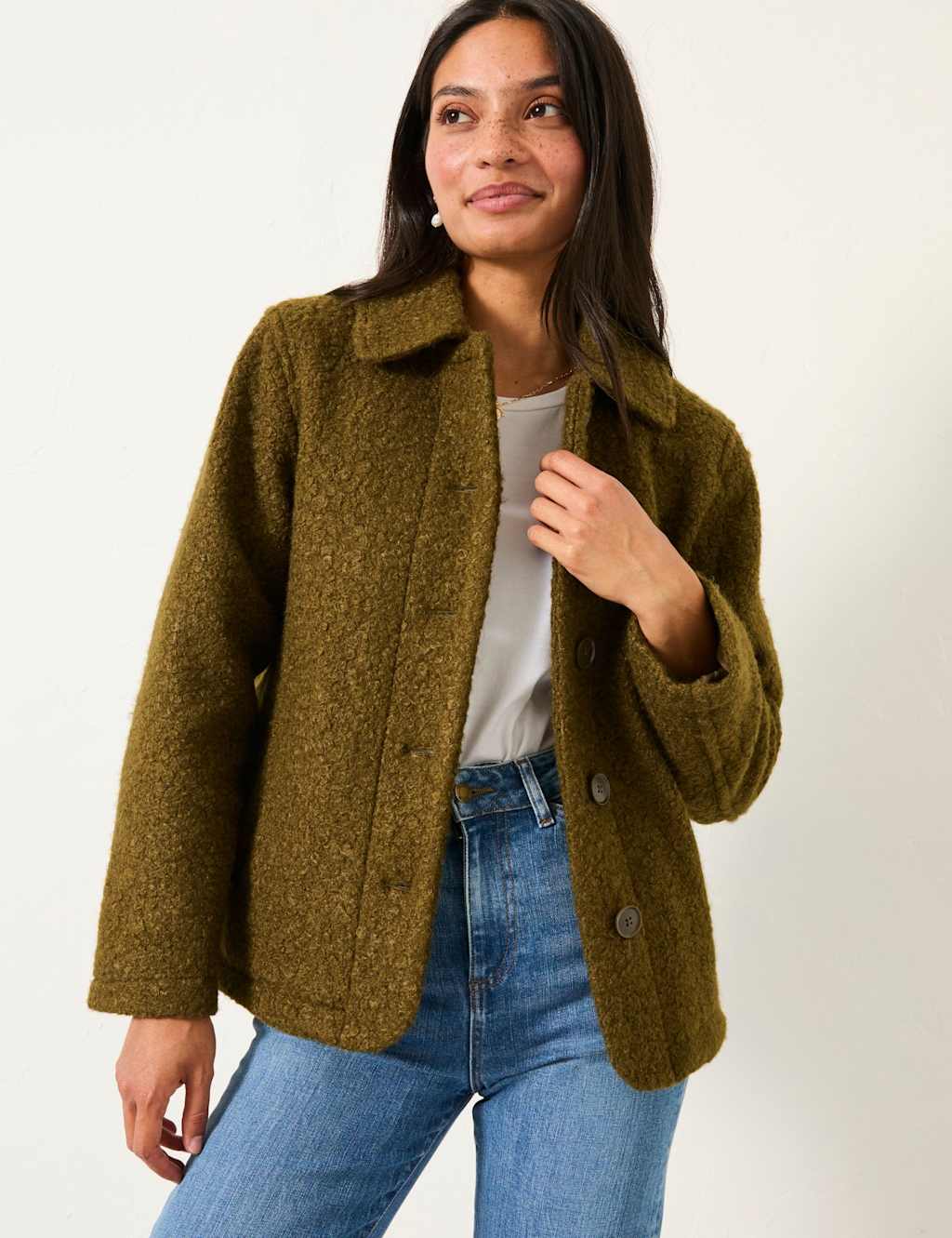FatFace Boucle Collared Jacket Olive