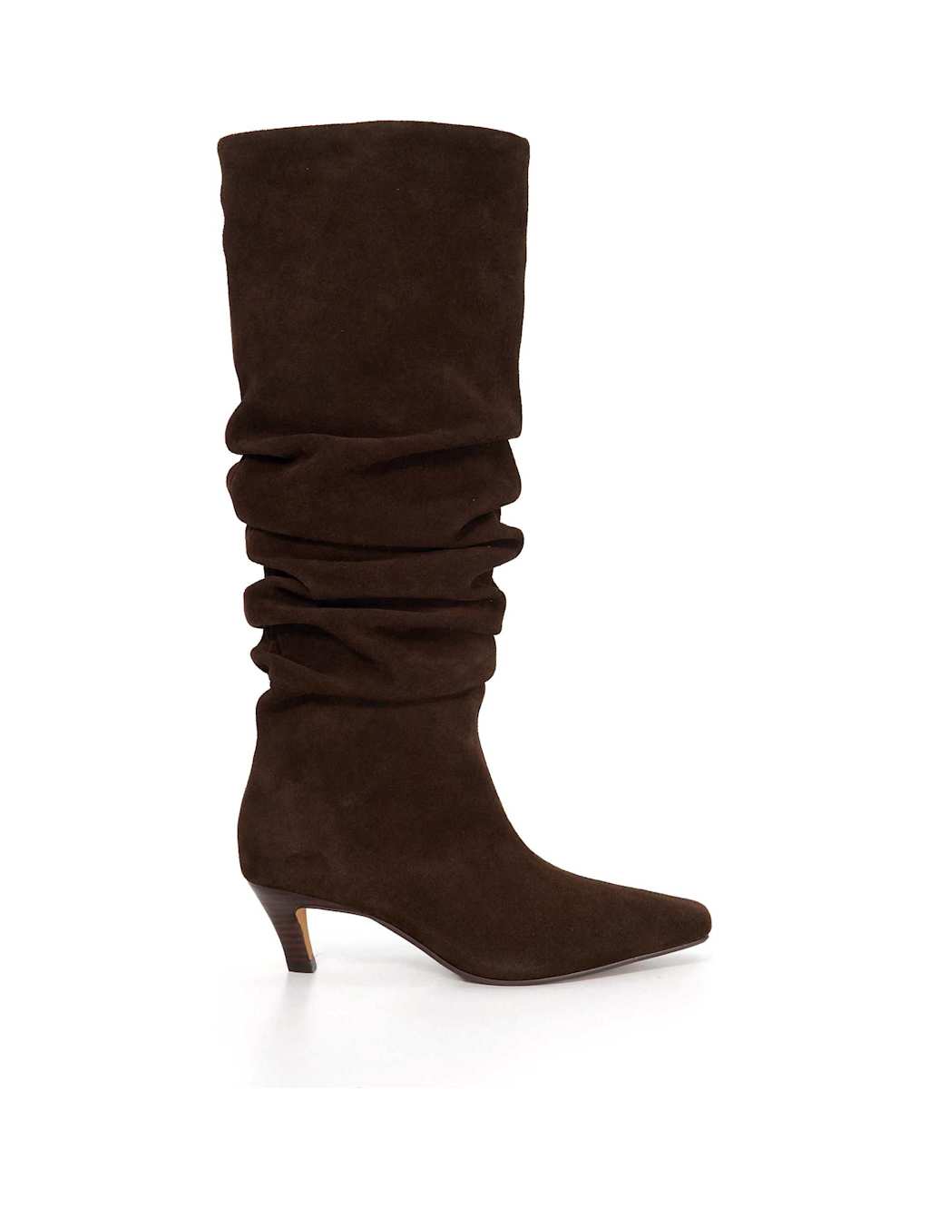 Dune London Suede Slouchy Kitten Heel Knee High Boots Brown