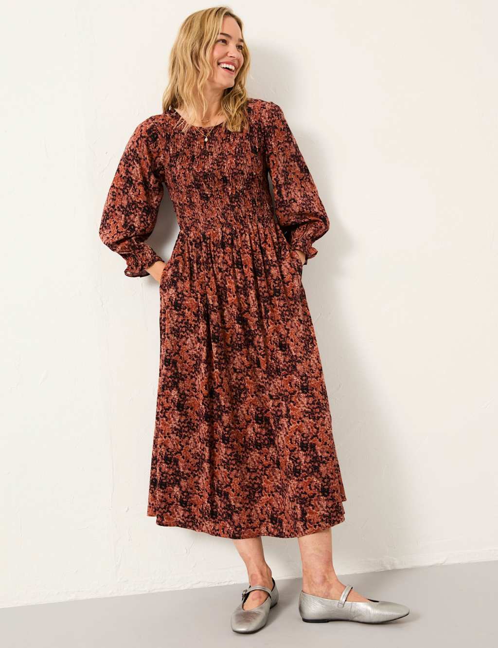 Fatface Women's Round Neck Shirred Midi Dress - 16REG - Purple Mix, Purple Mix