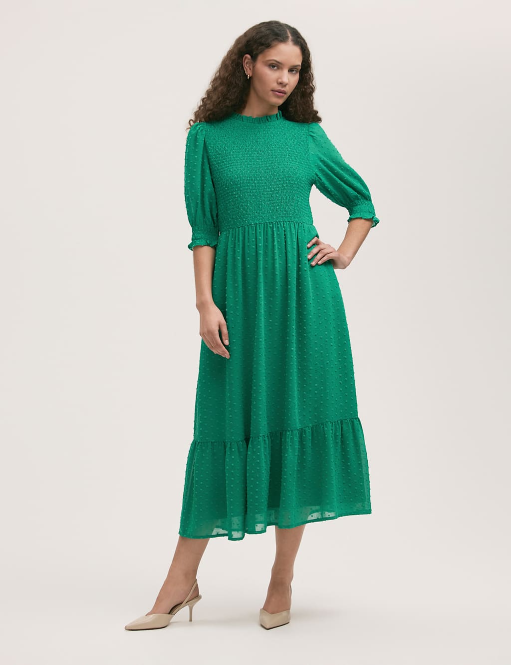 Finery London Georgette Textured Shirred Midi Tea Dress Green