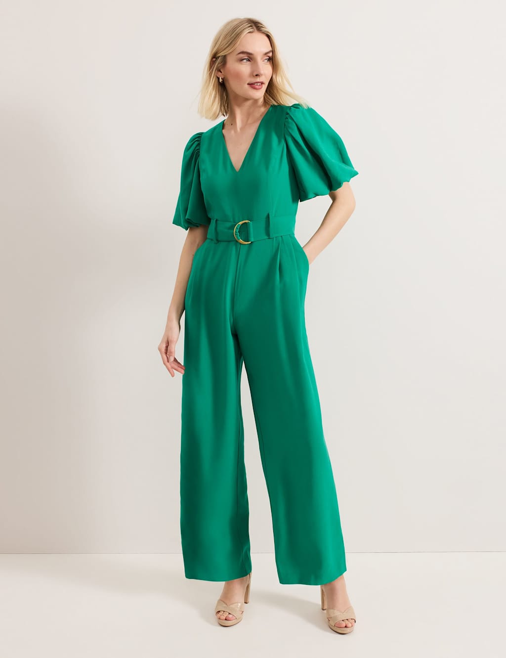 Belted Short Sleeve Wide Leg Jumpsuit