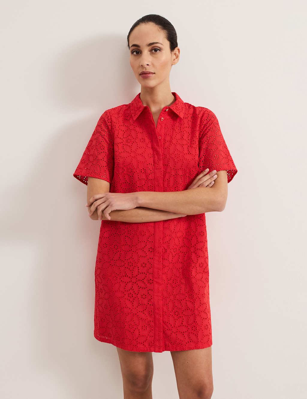 Pure Cotton Floral Broderie Mini Shirt Dress