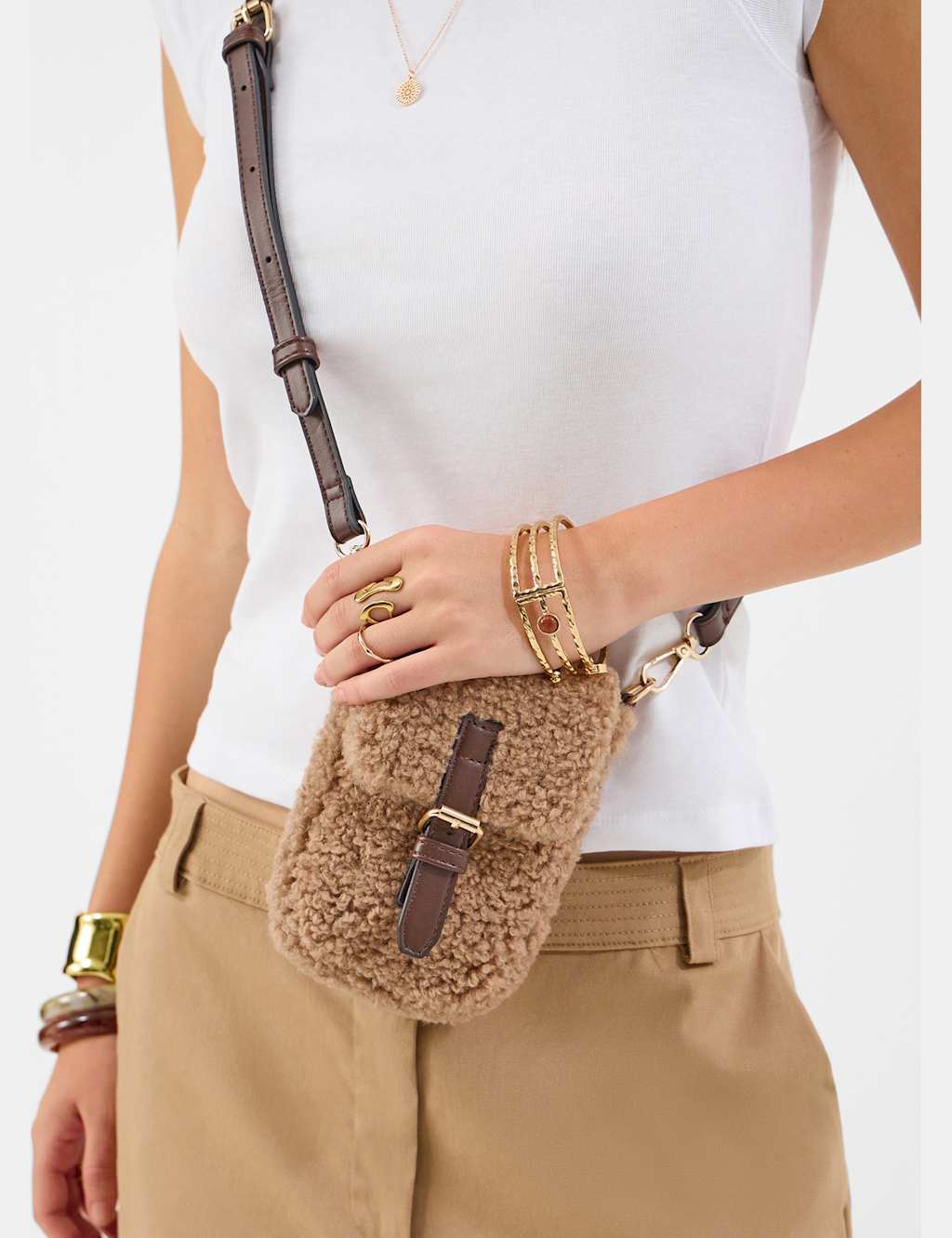 Accessorize Women's Faux Shearling Cross Body Phone Bag - Beige - Available at M&S