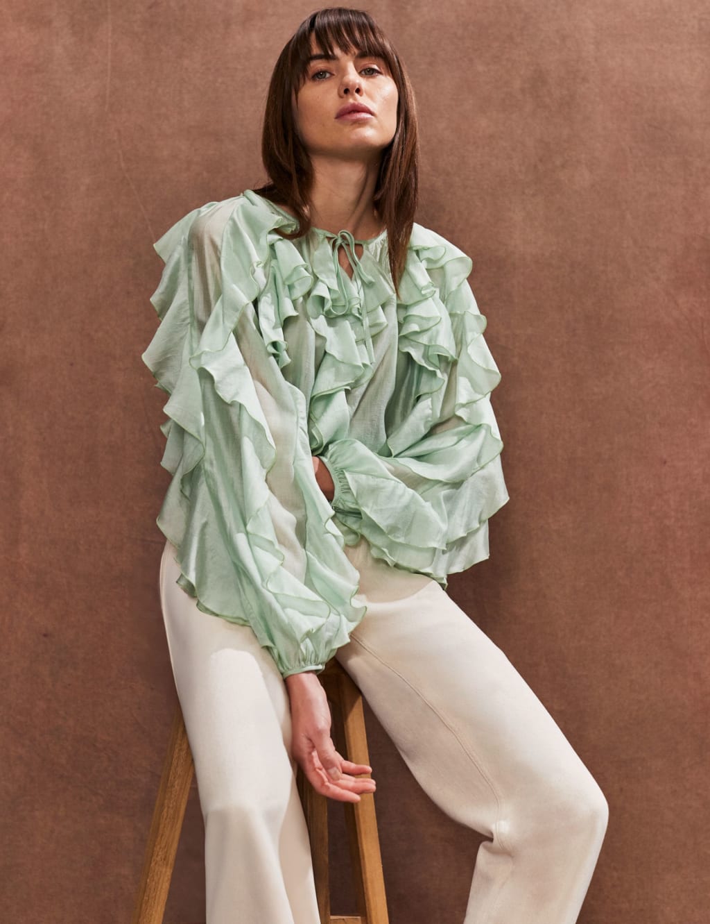 Lyocell Rich Tie Neck Ruffle Sleeve Blouse