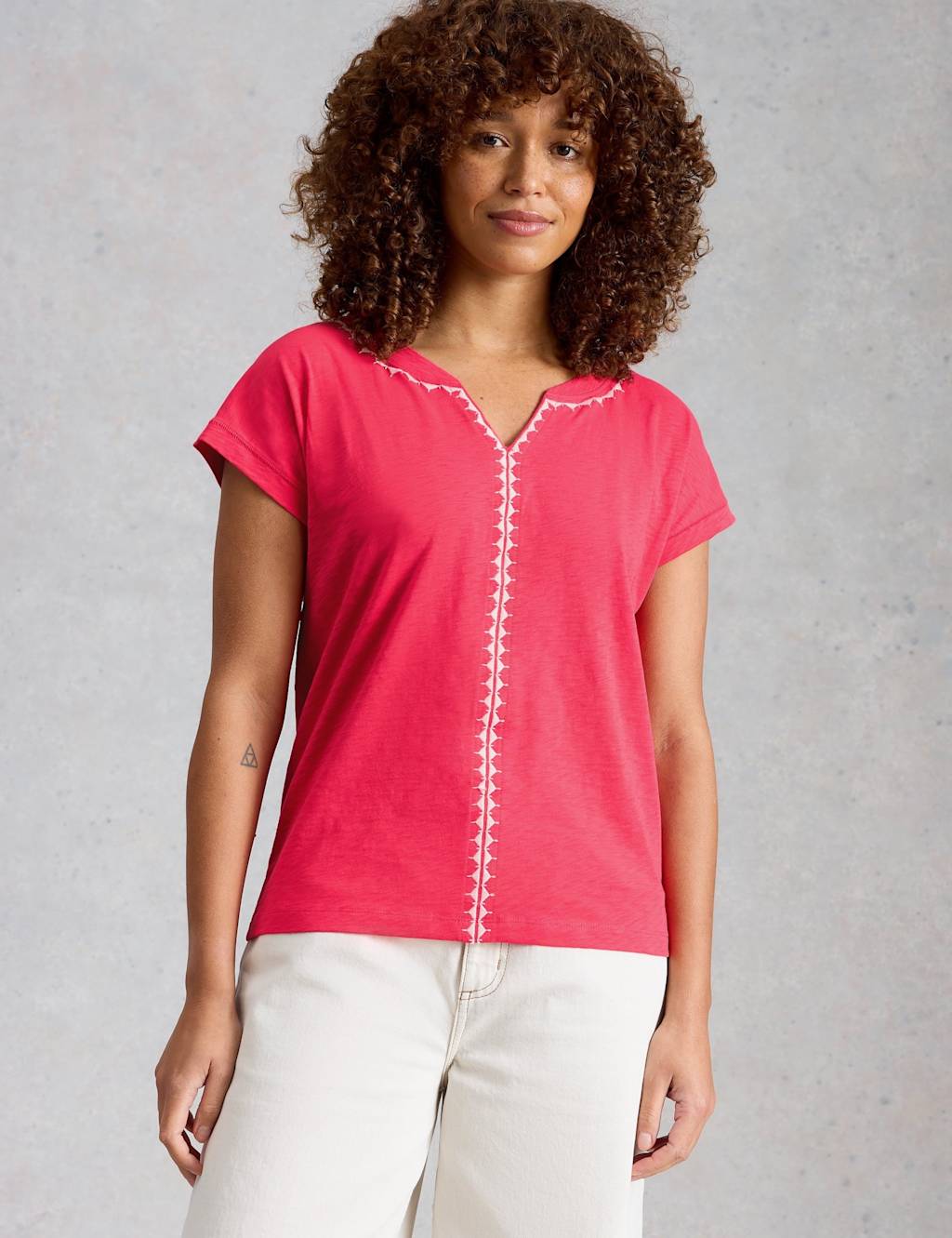 White Stuff Women's Pure Cotton Embroidered T-Shirt - 8 - Pink - Available at M&S
