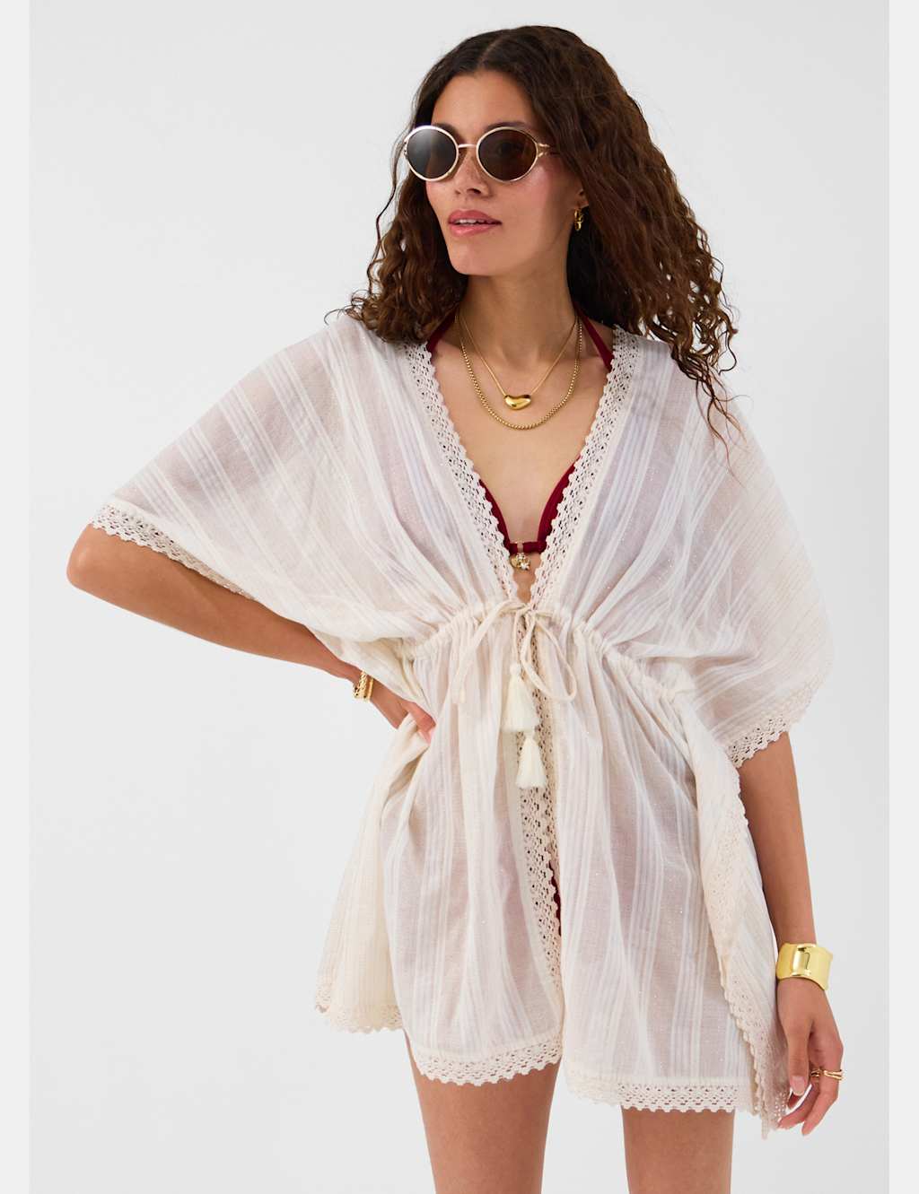 Accessorize Women's Cotton Rich Sparkly Lace Trim Mini Kaftan - Large - Ivory - Available at M&S