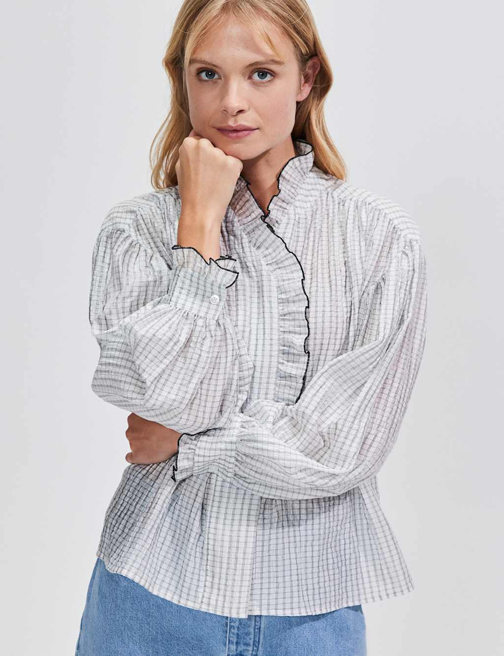 Lyocell Rich Checked Frill Detail Blouse