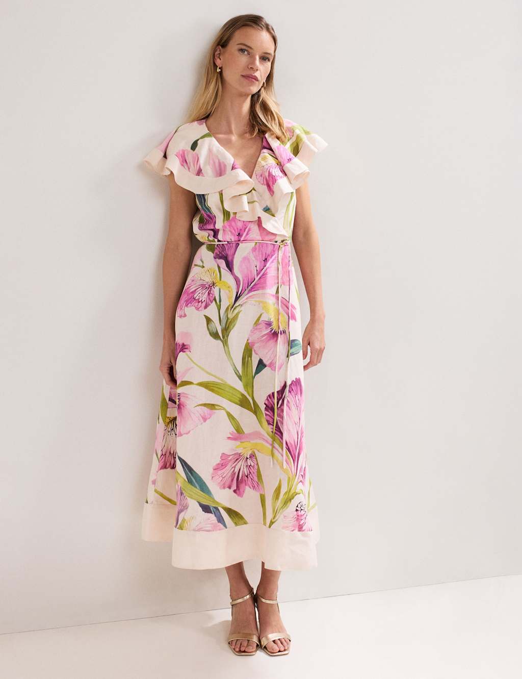 Linen Rich Floral V-Neck Ruffle Midi Waisted Dress