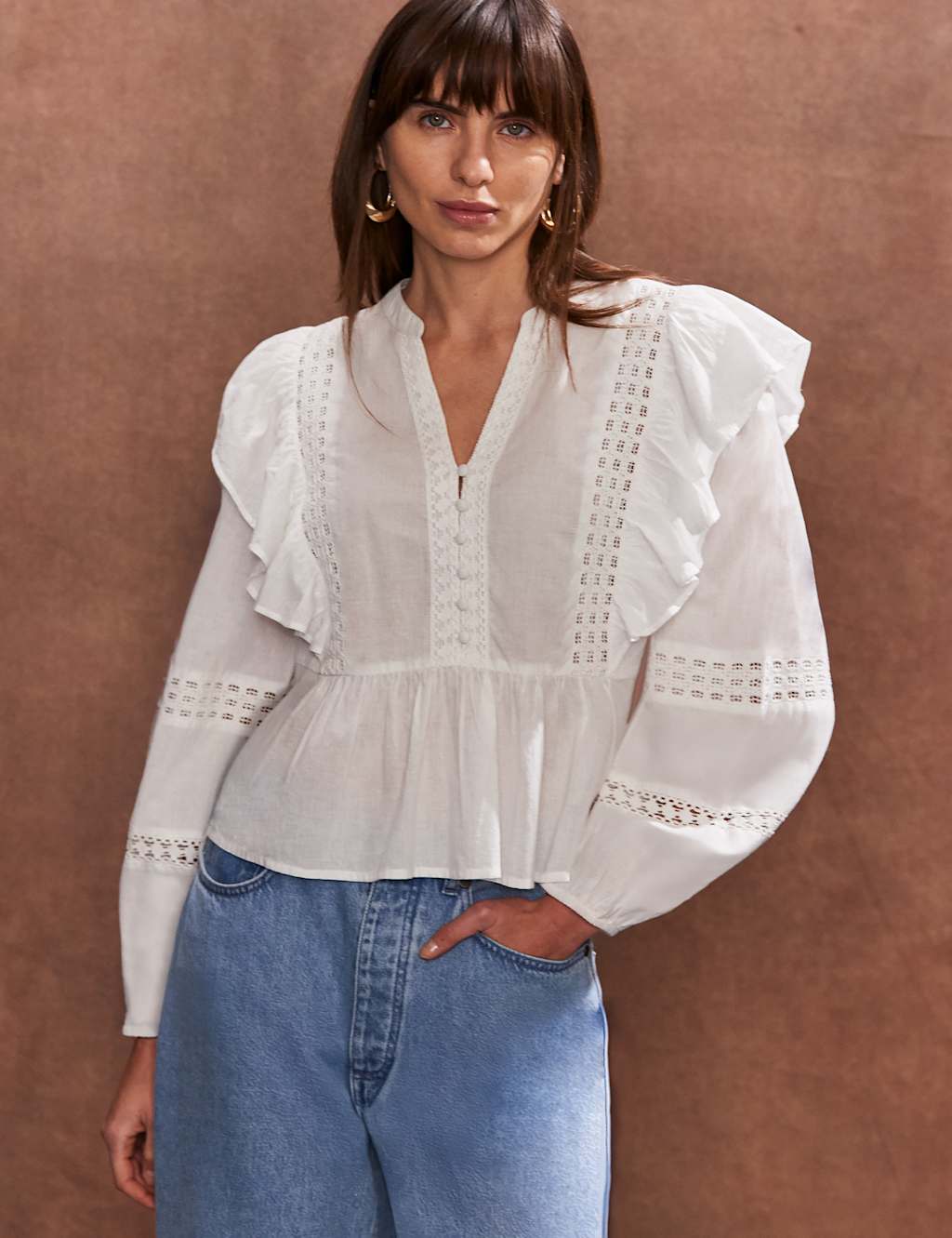 Pure Cotton V-Neck Broderie Ruffle Blouse