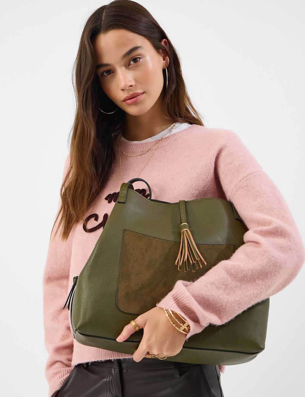 Accessorize Women's Faux Leather Slouchy Shoulder Bag - Olive - Available at M&S