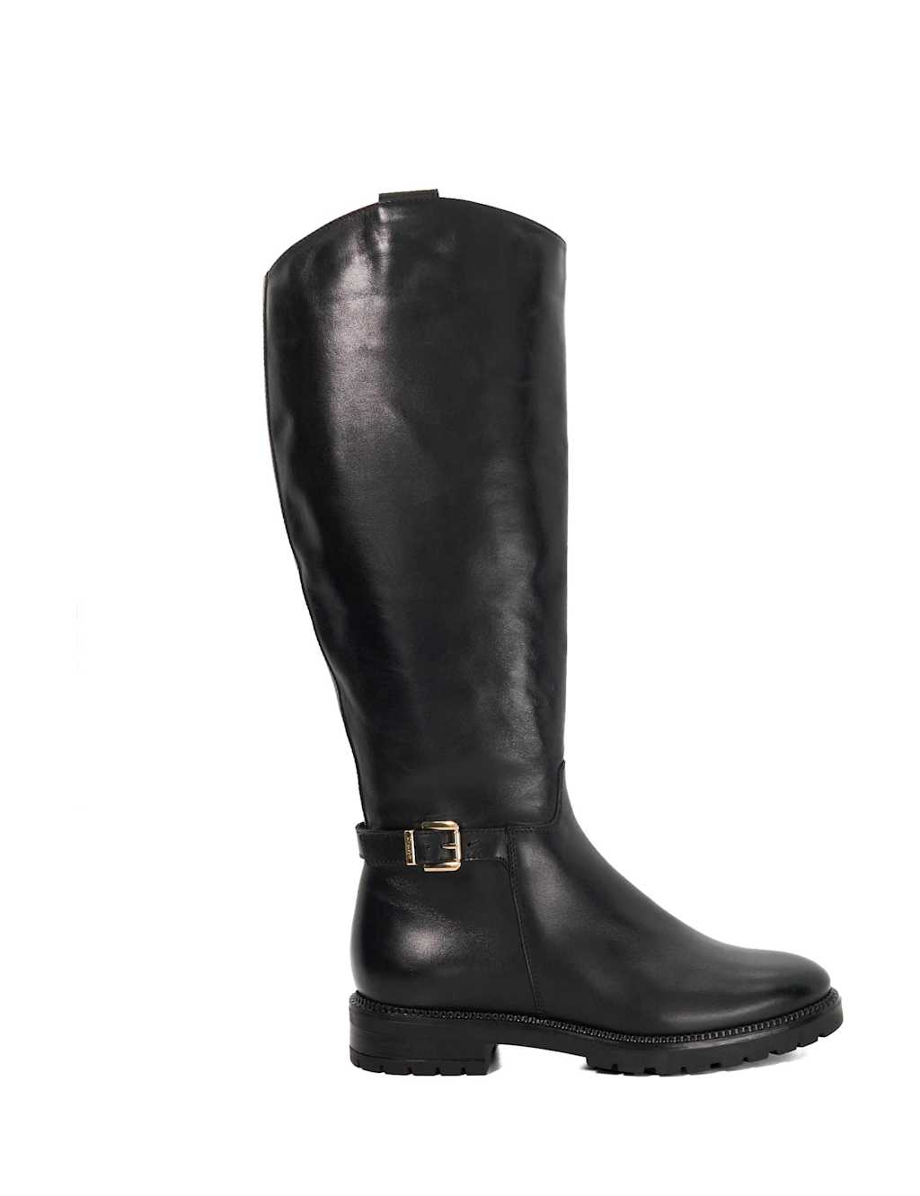 Dune London Leather Buckle Cleated Flat Knee High Boots Black