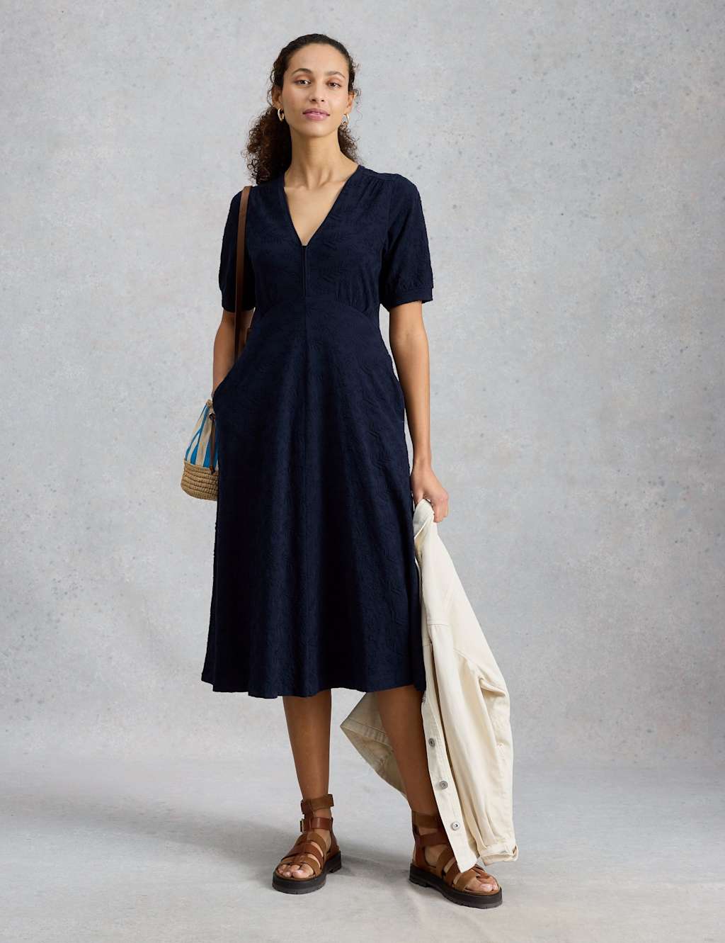 White Stuff Women's Pure Cotton Jersey Embroidered Midi Dress - 10 - Blue - Available at M&S