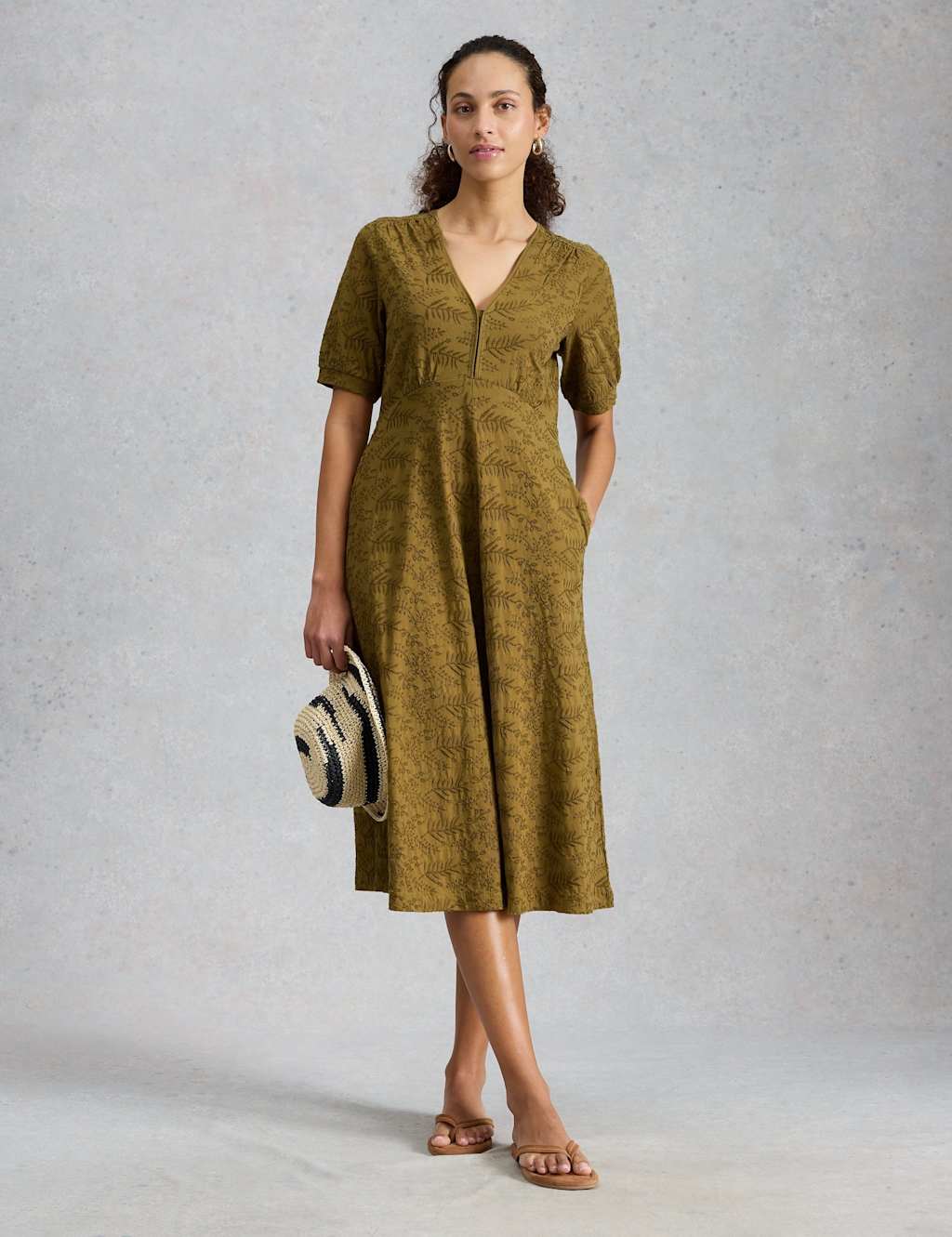 White Stuff Women's Pure Cotton Jersey Embroidered Midi Dress - 14 - Olive - Available at M&S