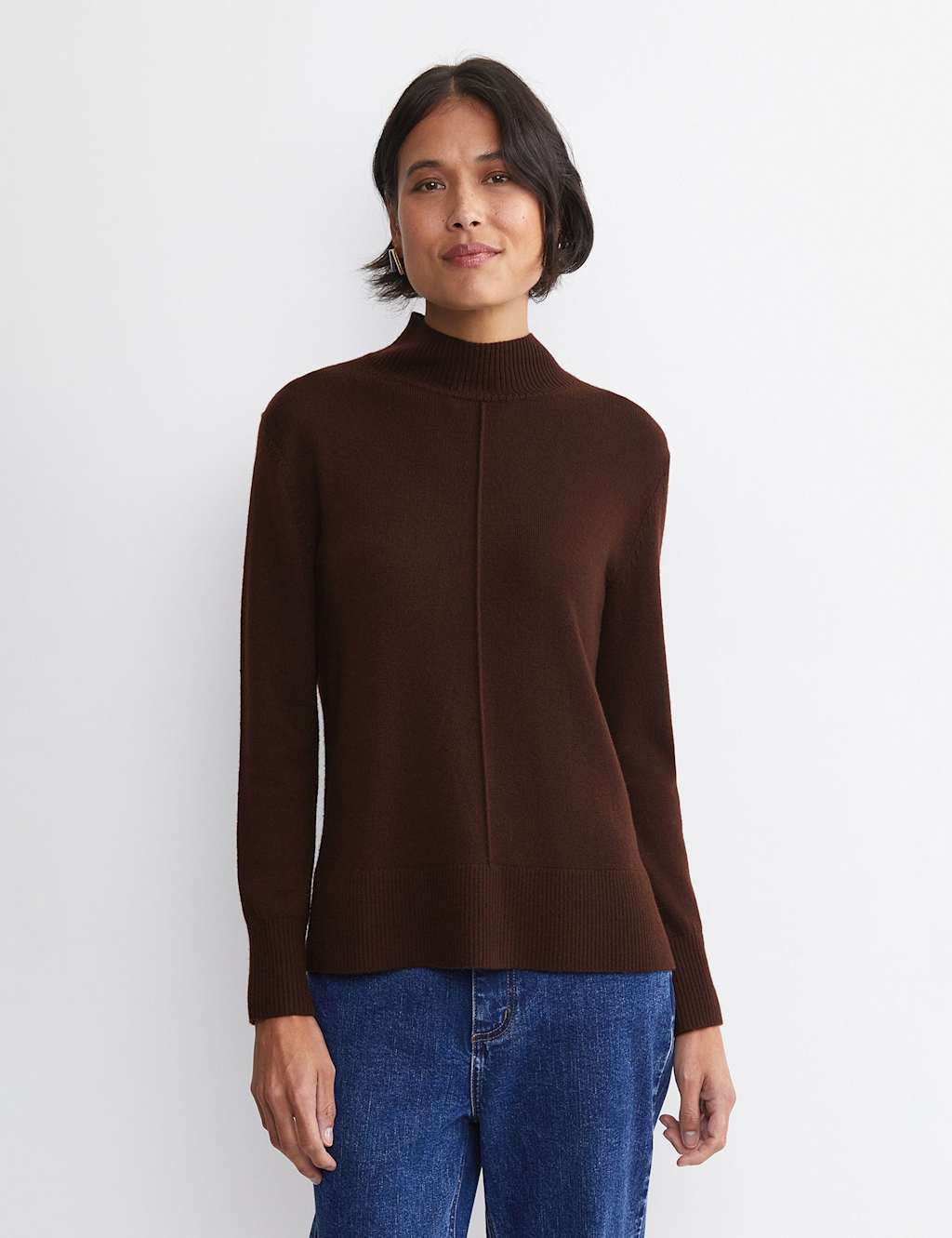 Sportscraft Pure Wool Textured Funnel Neck Jumper Brown