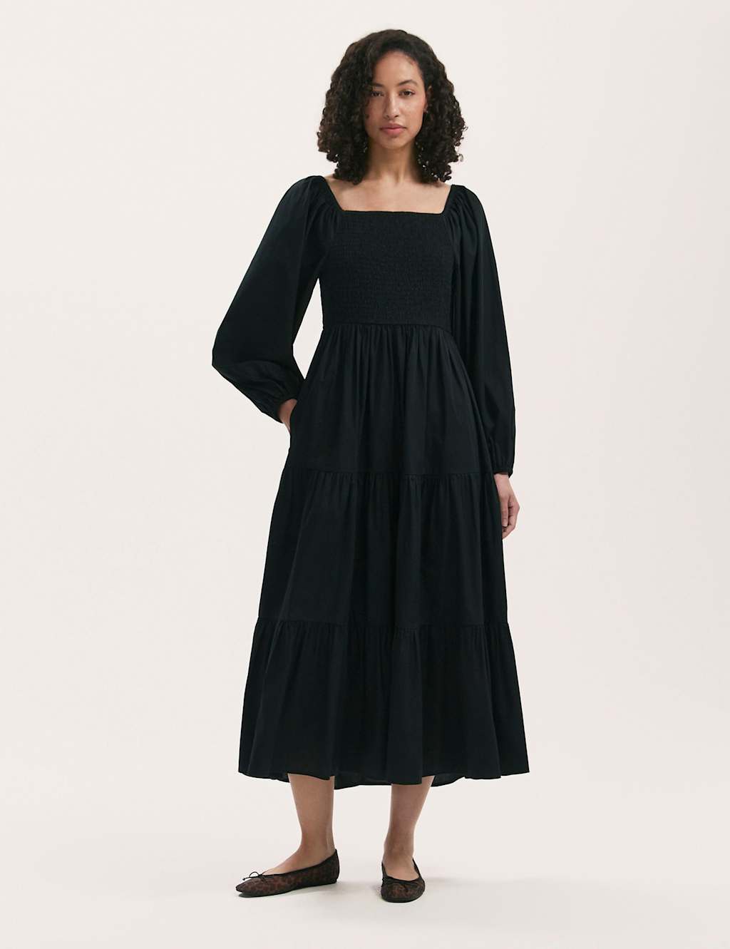 Finery London Pure Cotton Square Neck Midi Tiered Dress Black