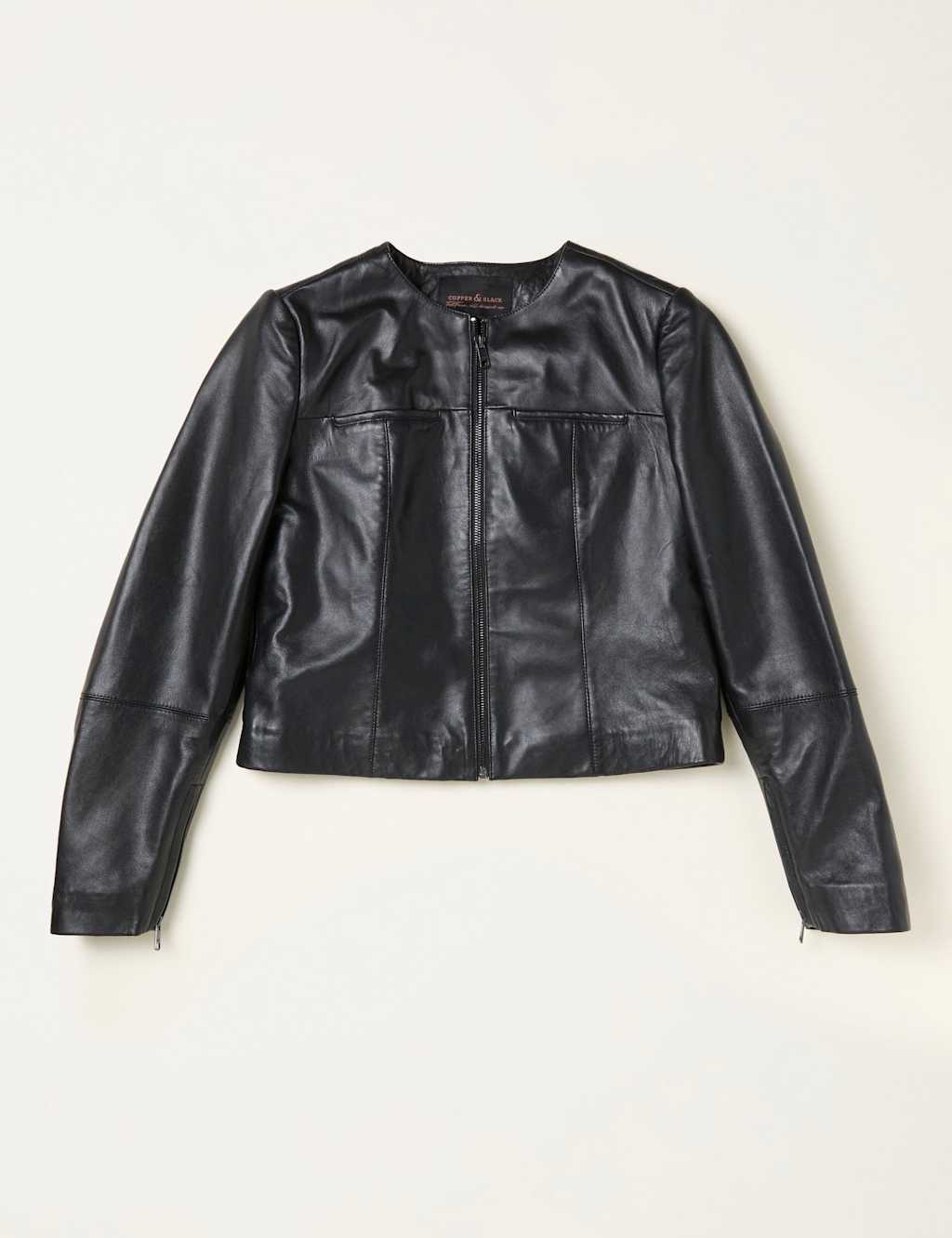 FatFace Leather Collarless Short Biker Jacket Black