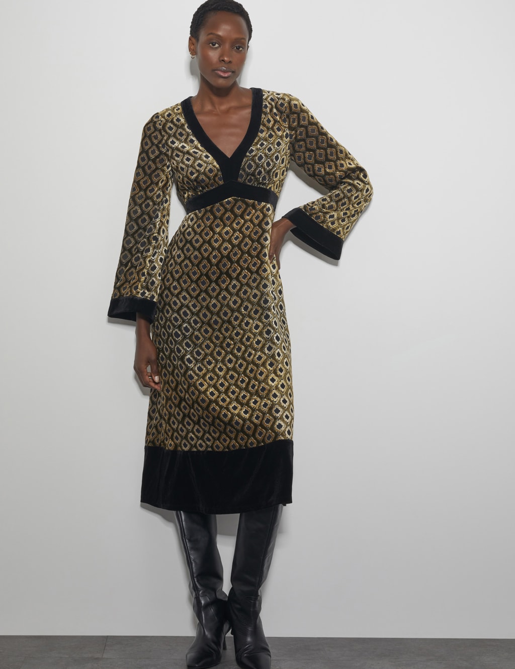 Jacquard Printed V-Neck Midi Tea Dress