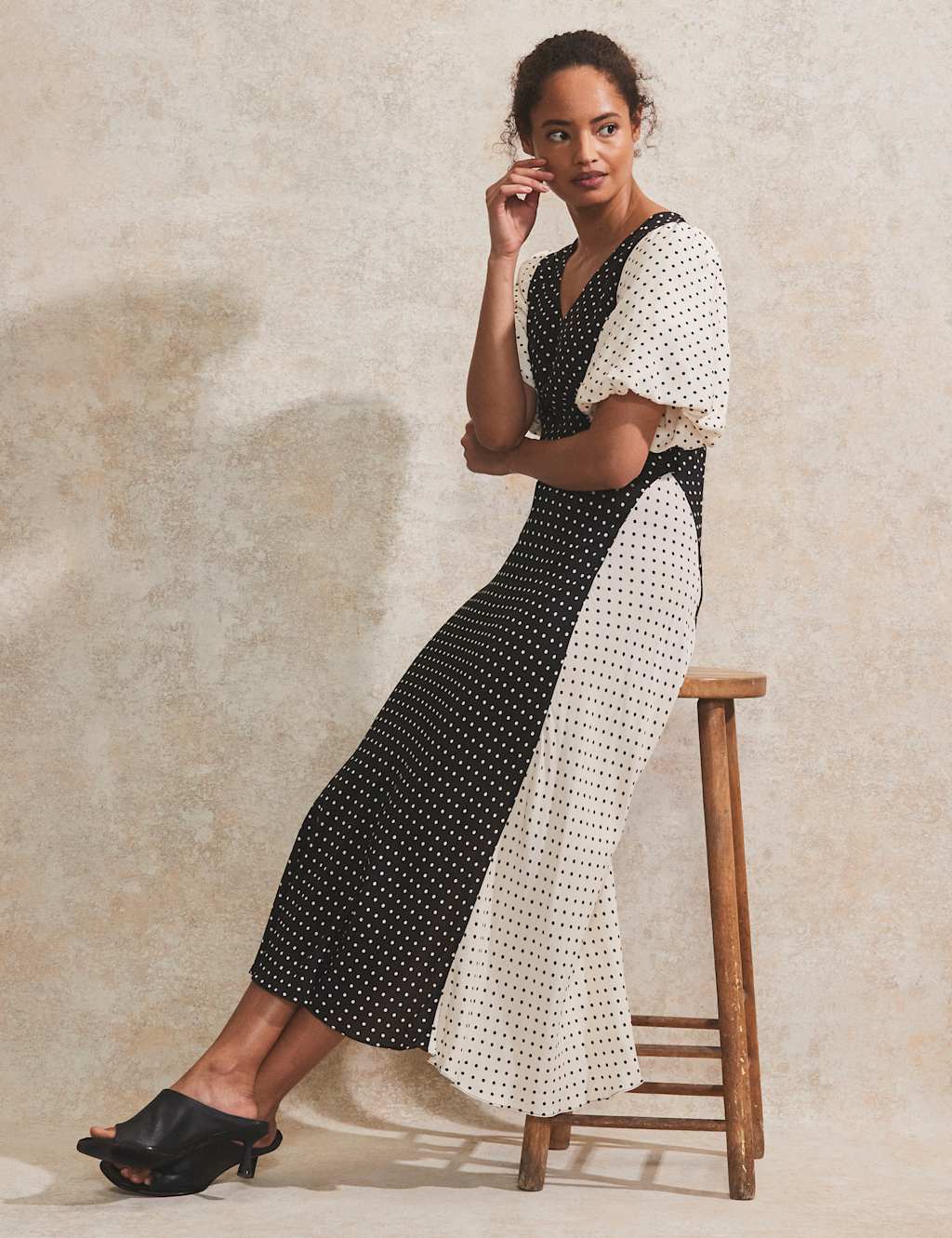 Spot Print V-Neck Midi Tea Dress