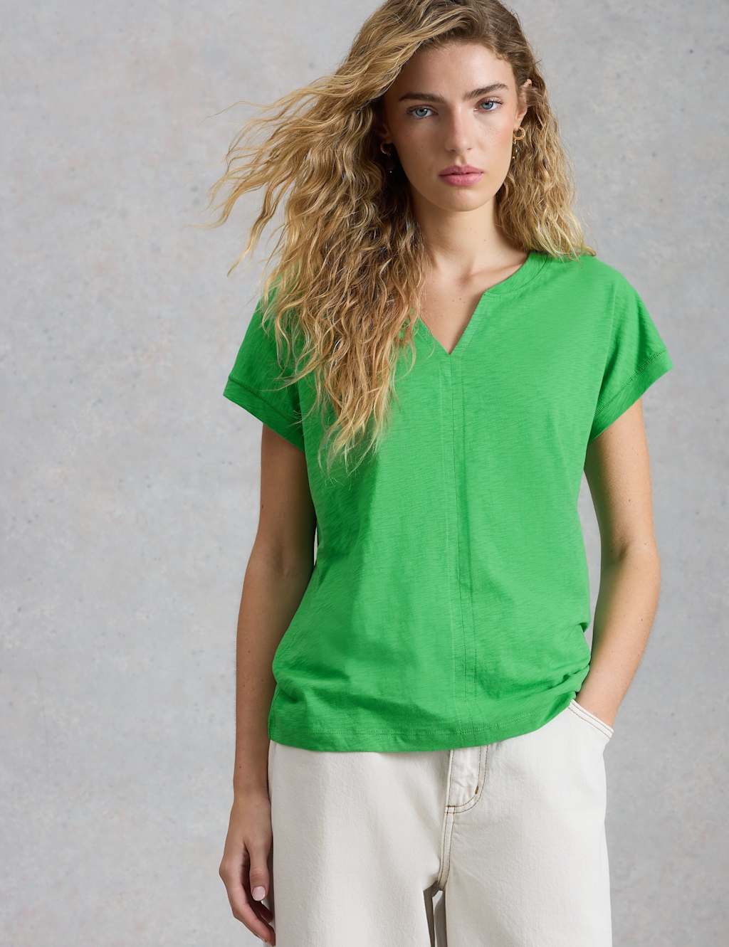 White Stuff Women's Pure Cotton Notch Neck T-Shirt - 12 - Green - Available at M&S
