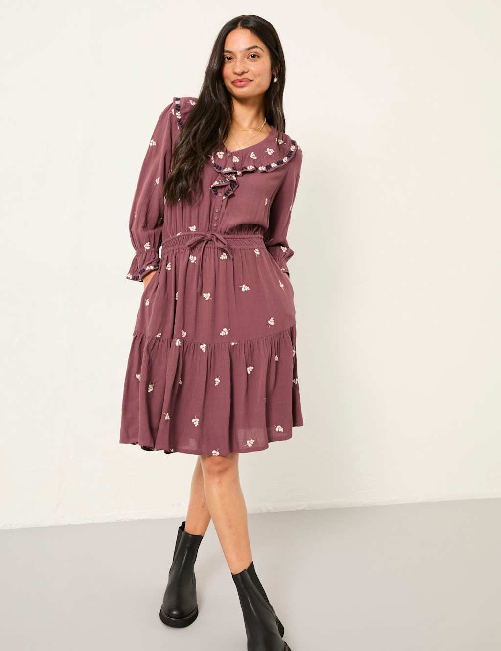 FatFace Embroidered V-Neck Knee Length Tiered Dress Purple Mix