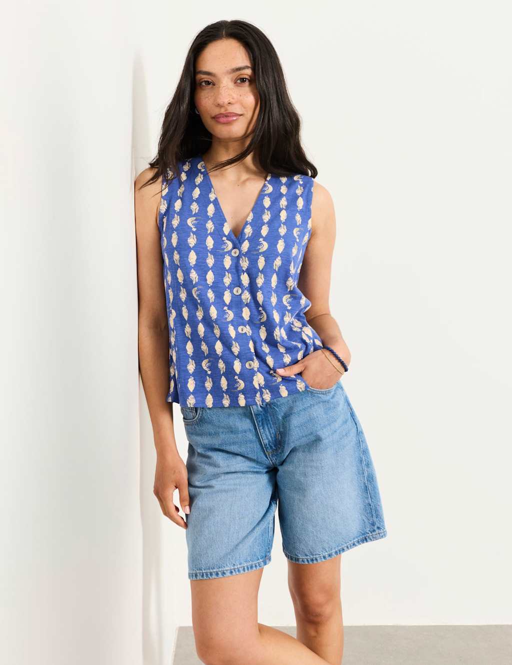 Fatface Women's Cotton Modal Blend Printed V-Neck Blouse - 24 - Blue Mix - Available at M&S