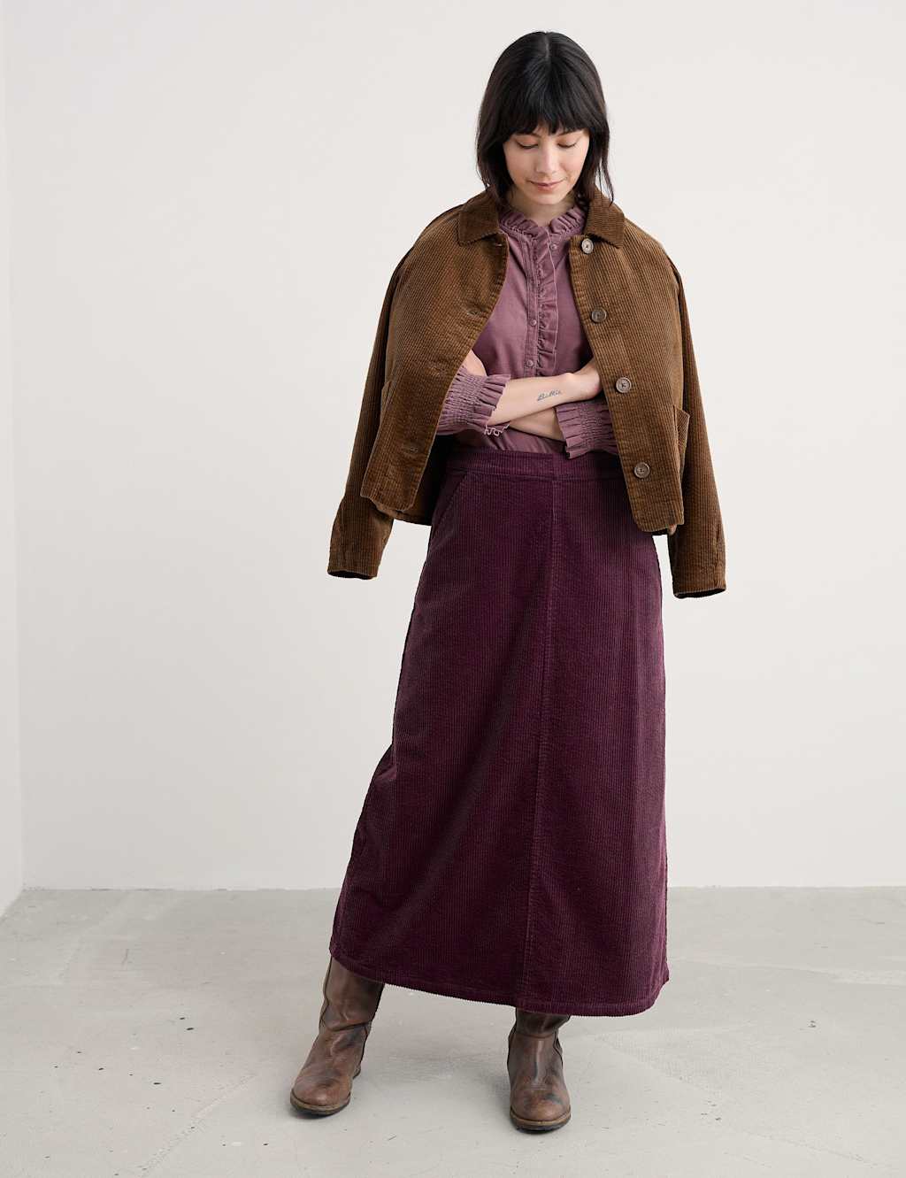 Seasalt Cornwall Pure Cotton Textured Midi A-Line Skirt Purple