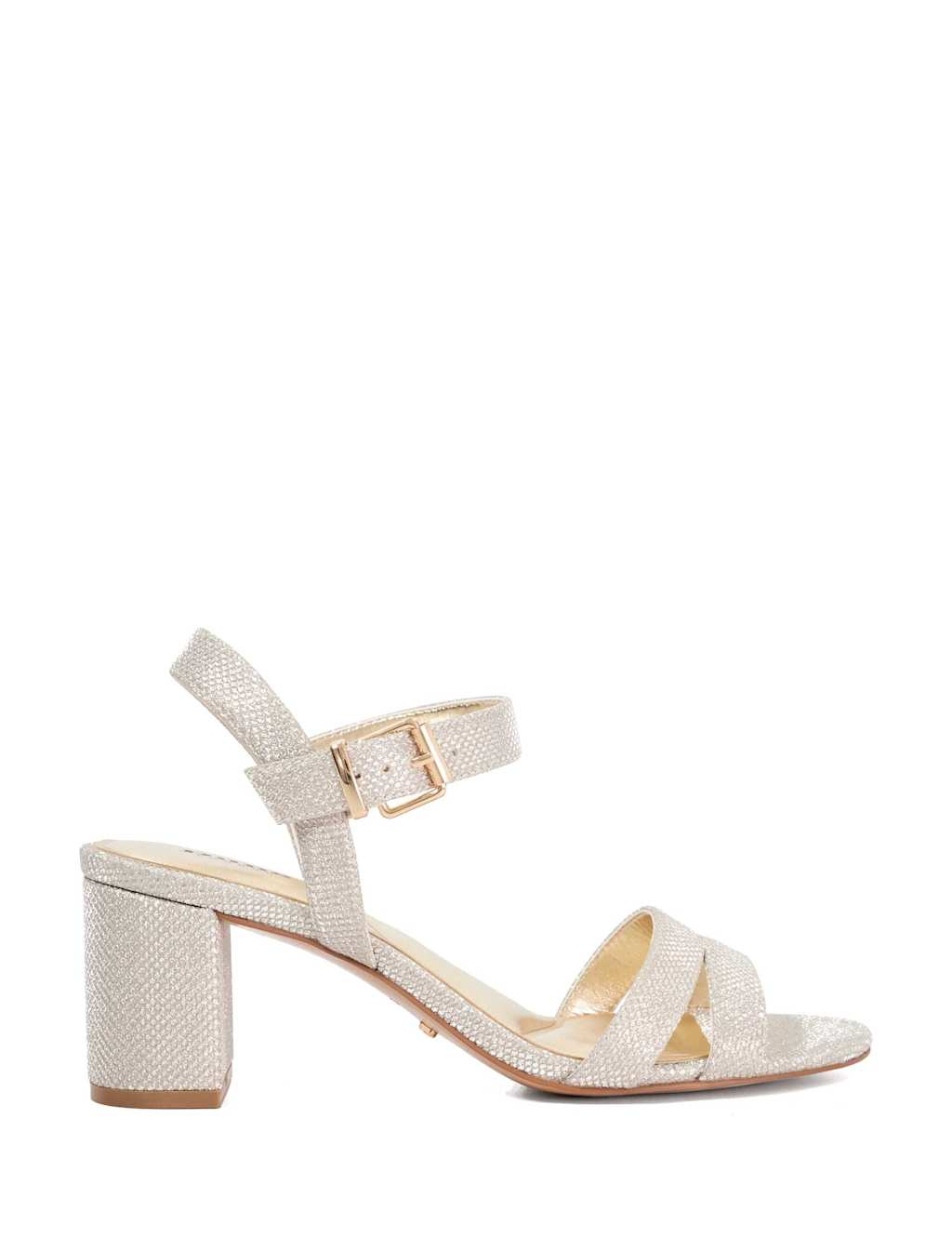Dune London Wide Fit Ankle Strap Block Heel Sandals Gold