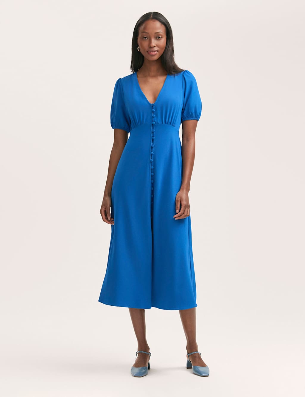 Crepe V-Neck Puff Sleeve Midi Tea Dress