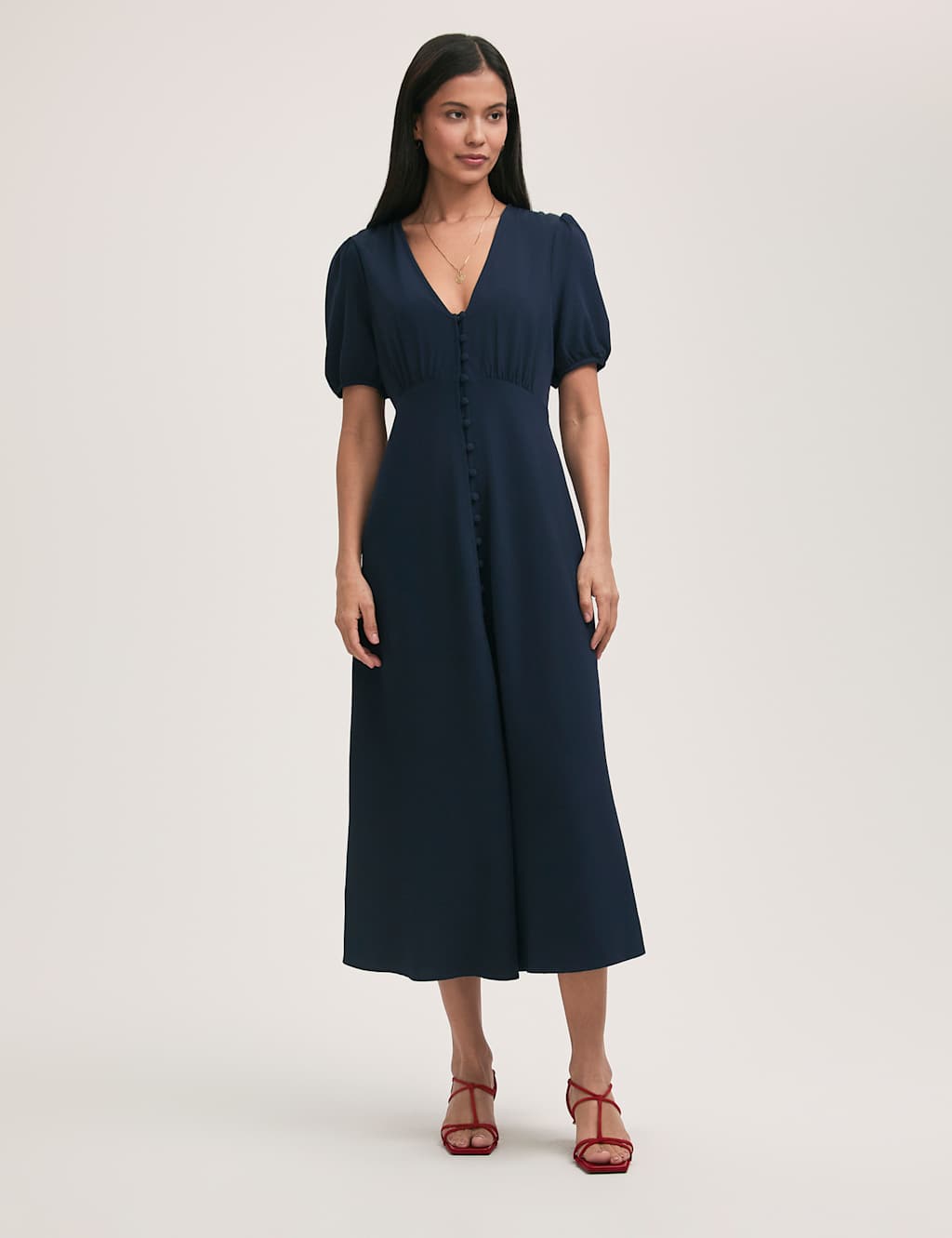 Crepe V-Neck Puff Sleeve Midi Tea Dress