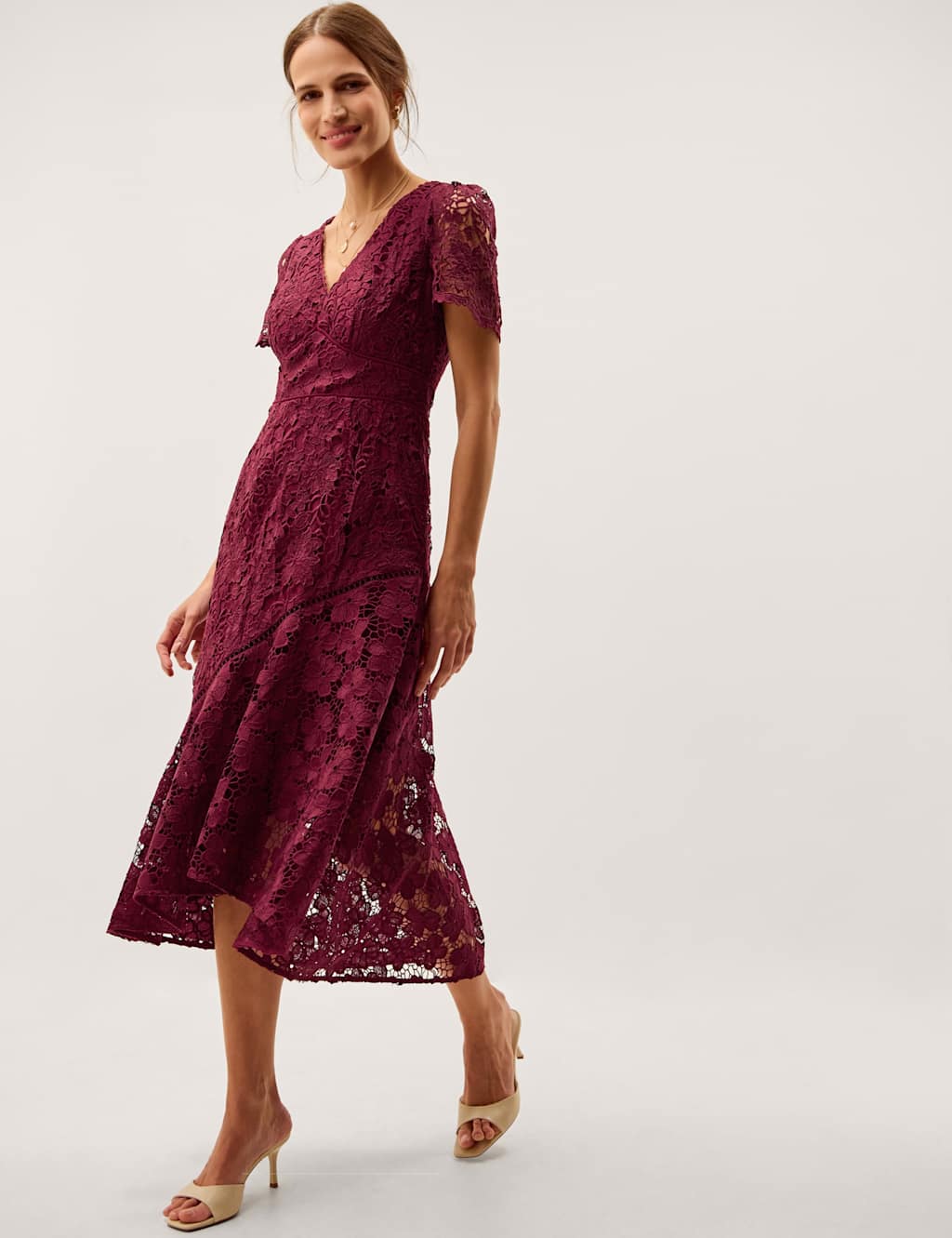 Monsoon Women's Lace V-Neck Midi Skater Dress - 10 - Burgundy - Available at M&S