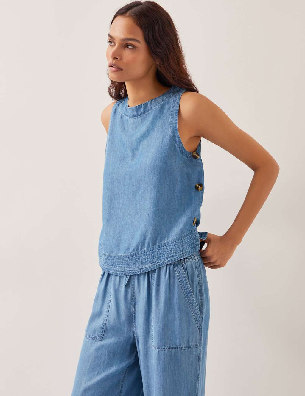 Pure Lyocell Slash Neck Button Detail Top