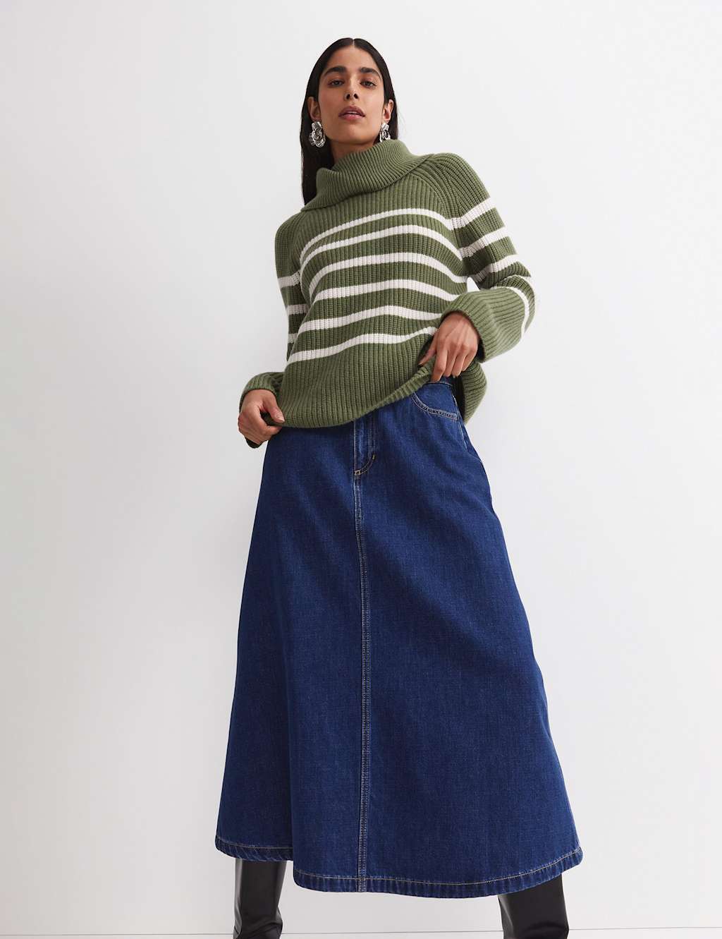 Sportscraft Pure Wool Striped Roll Neck Jumper Green Mix