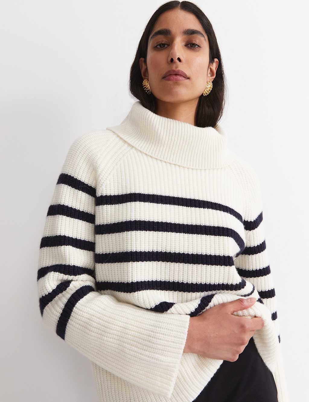 Sportscraft Pure Wool Striped Roll Neck Jumper White Mix