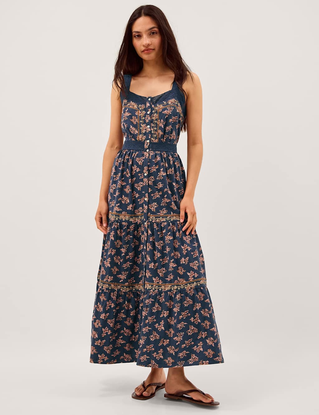 Monsoon Women's Pure Cotton Floral Midi Tiered Dress - Medium - Navy Mix - Available at M&S
